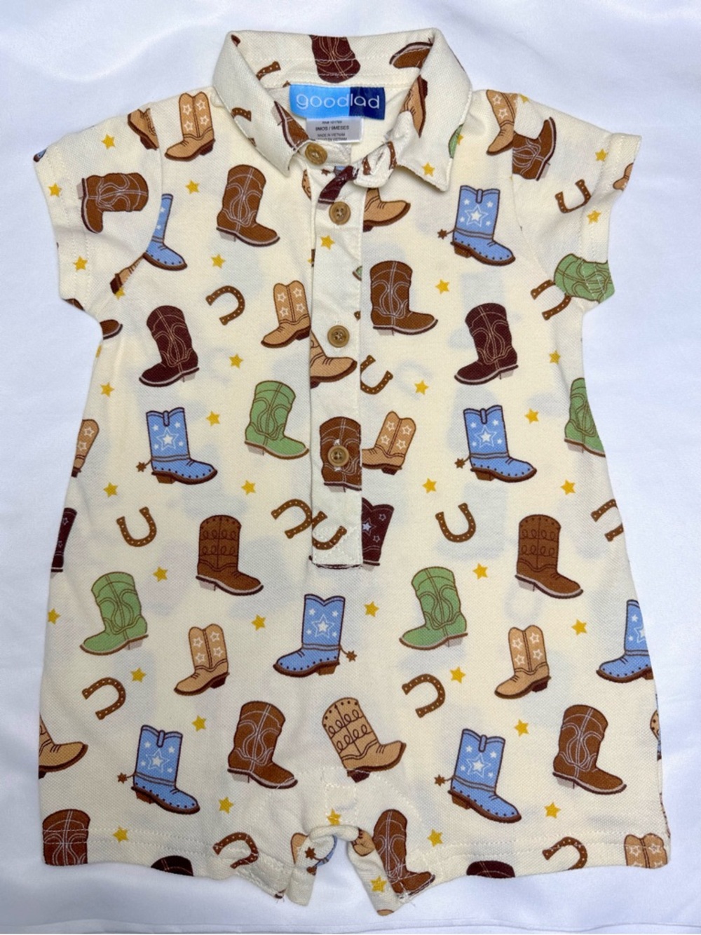 Goodlad short sleeve baby Romper 9m western rodeo Cowboy Boot Print one piece